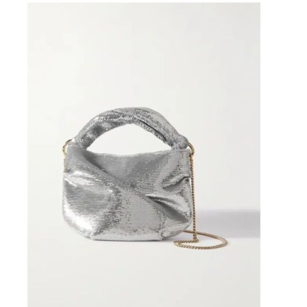 Jimmy Choo Bonny Silver Sequins Ruched Evening Gold Chain Shoulder Bag Italy